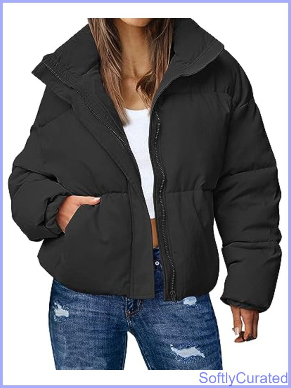 Quilted Zip Up Puffer Jacket Stand Collar Short Winter Coat